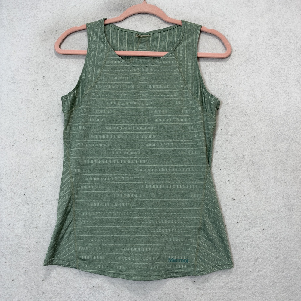 Marmot Tank Top Womens Small Green Stripe Crew Neck Athletic Hiking Workout